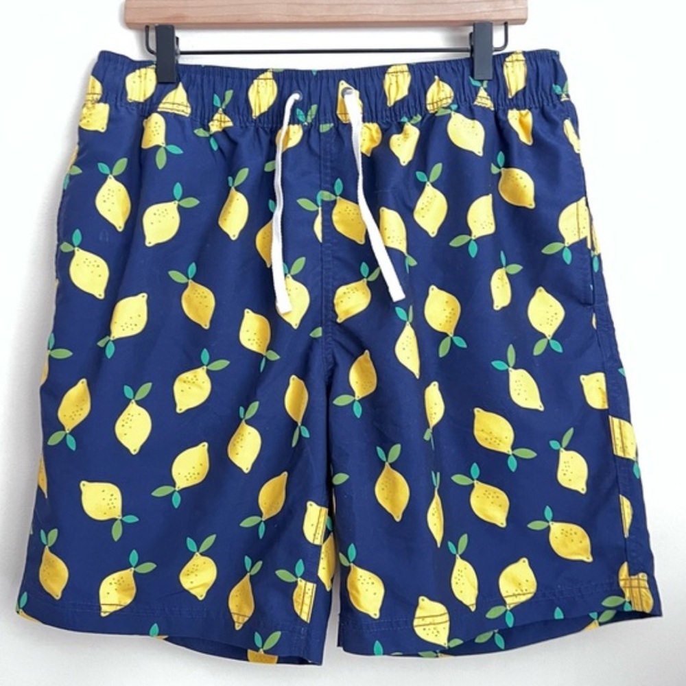Hanna Andersson Navy Blue and Yellow Lemon Print Men’s Swim Trunks